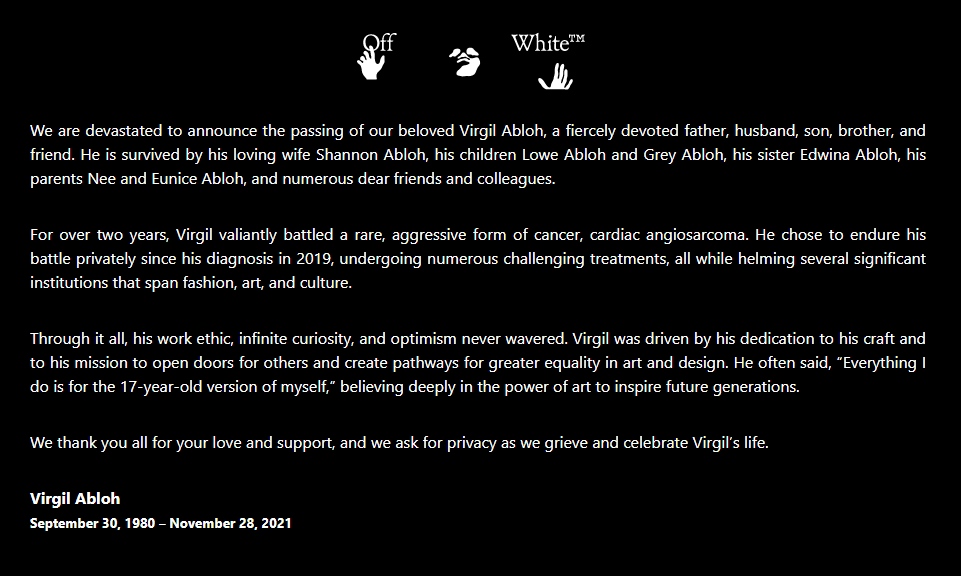 Virgil Abloh off white dies of cancer - 时尚设计师陨落，一起为 Virgil Abloh 哀悼